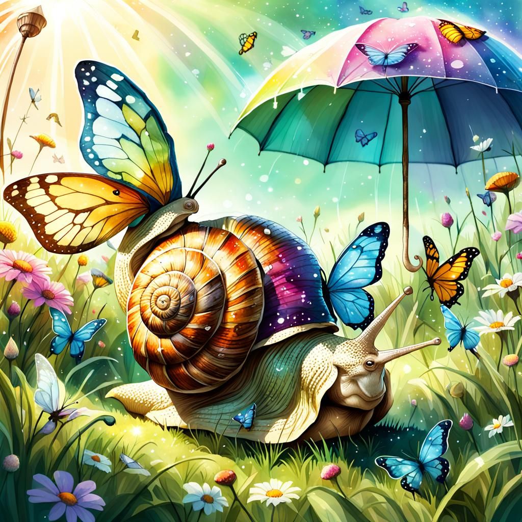 Fairy on Snail in Meadow: Whimsical Watercolor Illustration