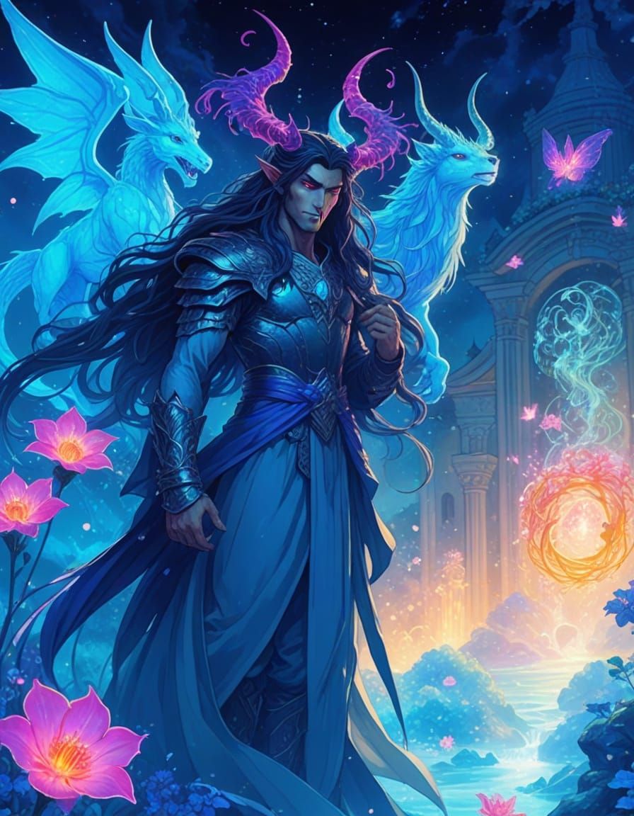 Ethereal Demon with Bioluminescent Flowers, Fantasy Art