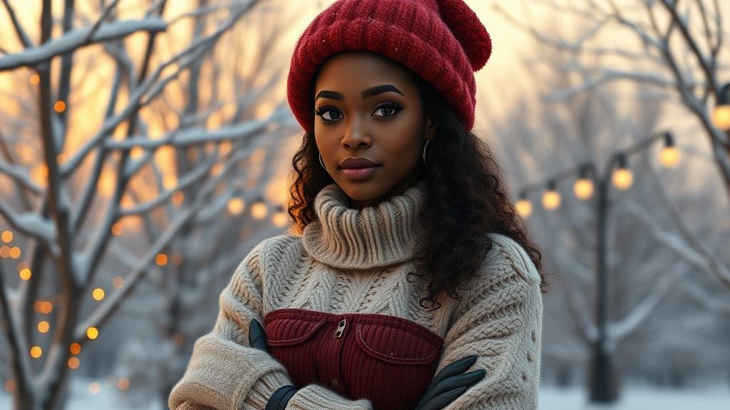 Elegant Black Woman in Winter Wonderland