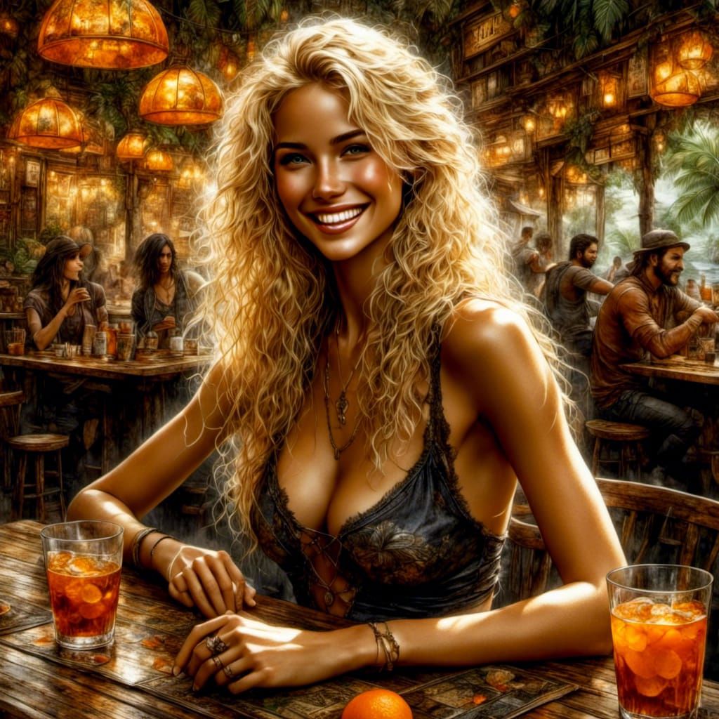 Smiling Woman in Tropical Cafe, Illustration by Royo