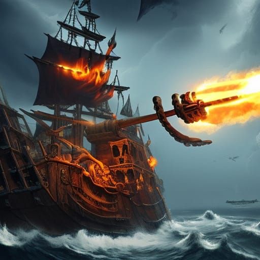 Skeleton Pirates Fire Cannons on Raging Sea