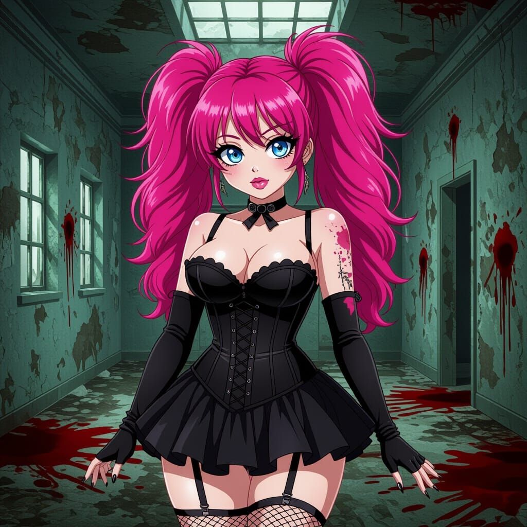 Anime Woman with Pink Hair in Abandoned Asylum