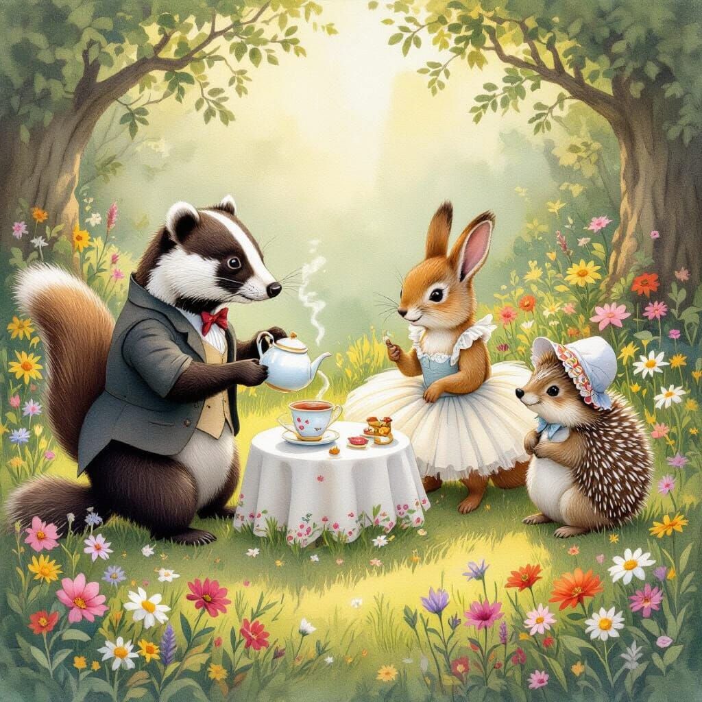Whimsical Woodland Tea Party in Watercolor Style