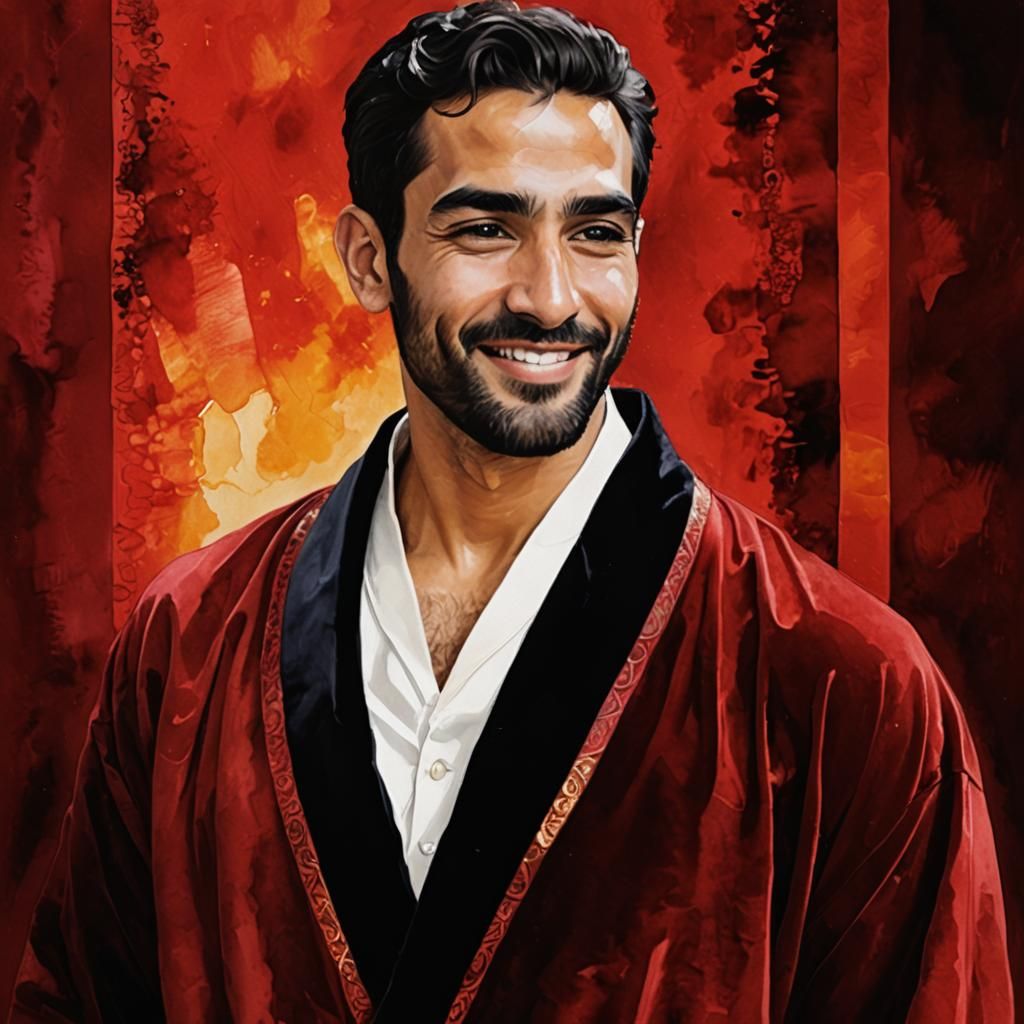 Attractive Man in Red Velvet Robe: Impasto Oil Painting