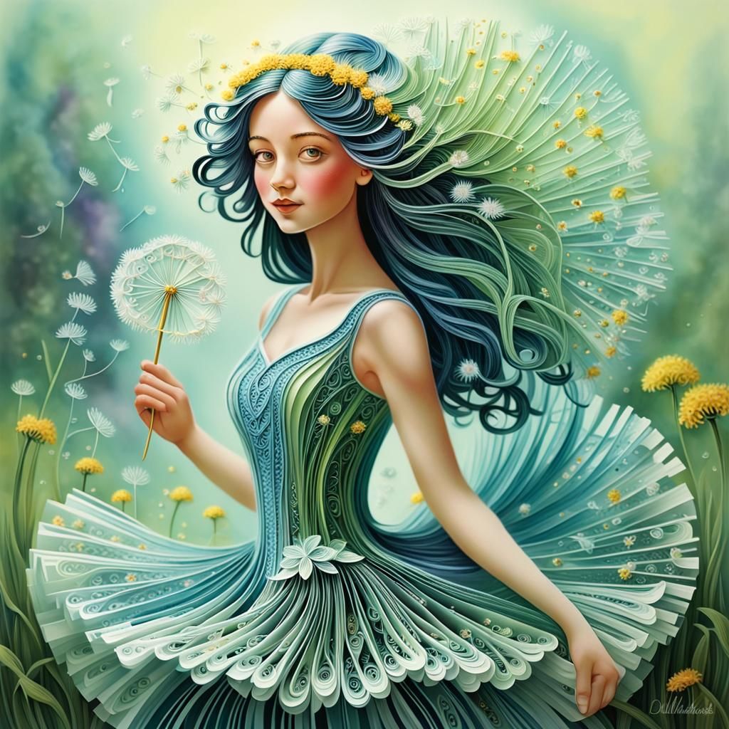 Dandelion Woman with Floral Hair in Quilling Style