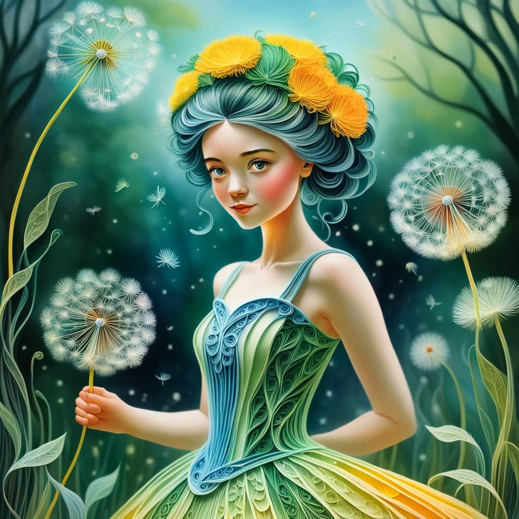 Dandelion Woman in Quilling Style with Floral Details
