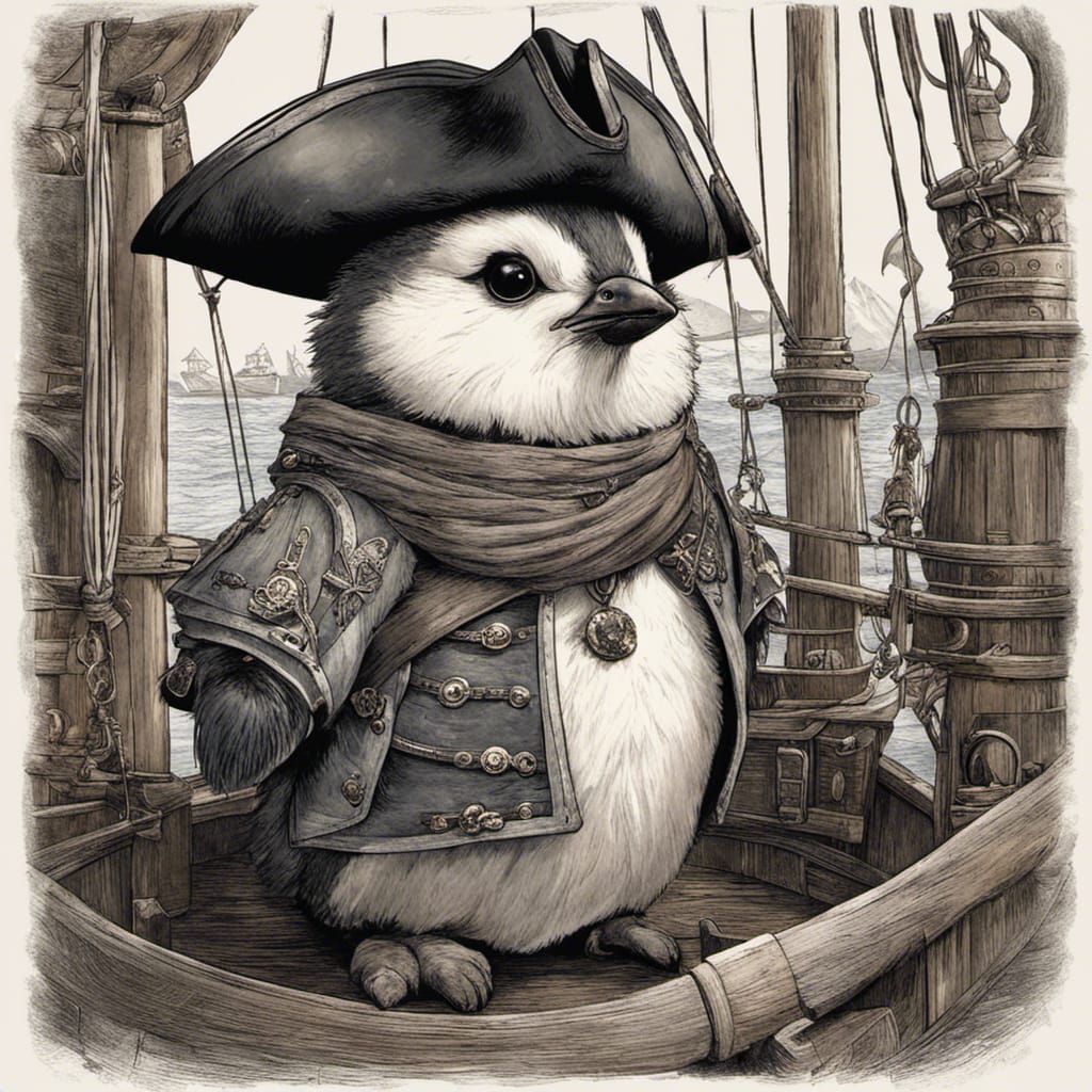 Penguin Chick Pirate on Ship in Graphic Novel Style
