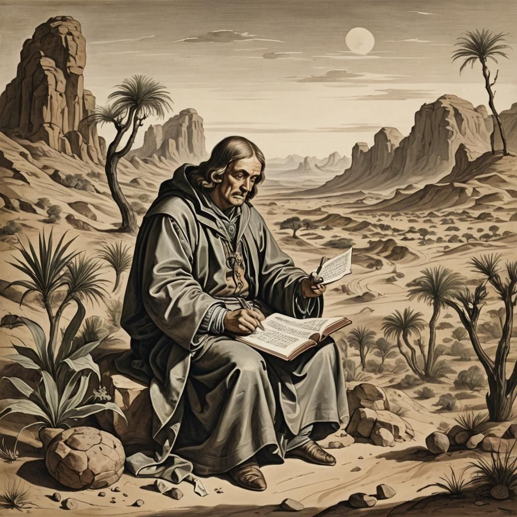 Wise Man Reading Scroll in Alien Desert