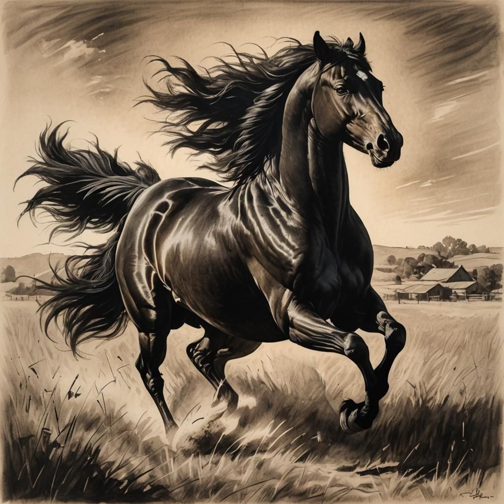 Black Stallion Galloping: Hyperdetailed Charcoal Drawing