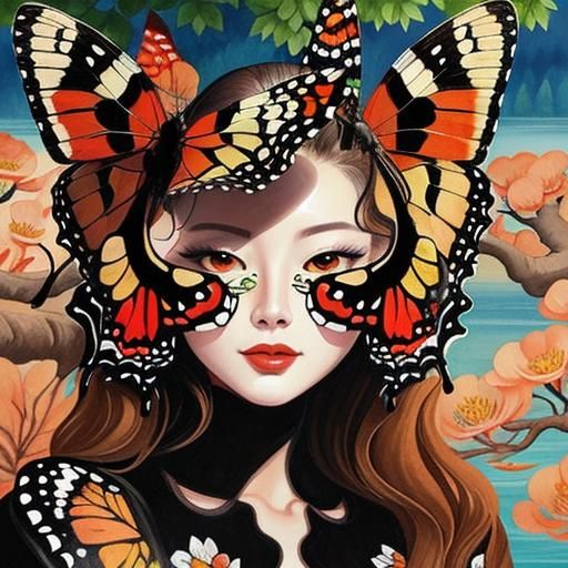 Watercolor Butterflies Near Water in Ink Painting Style