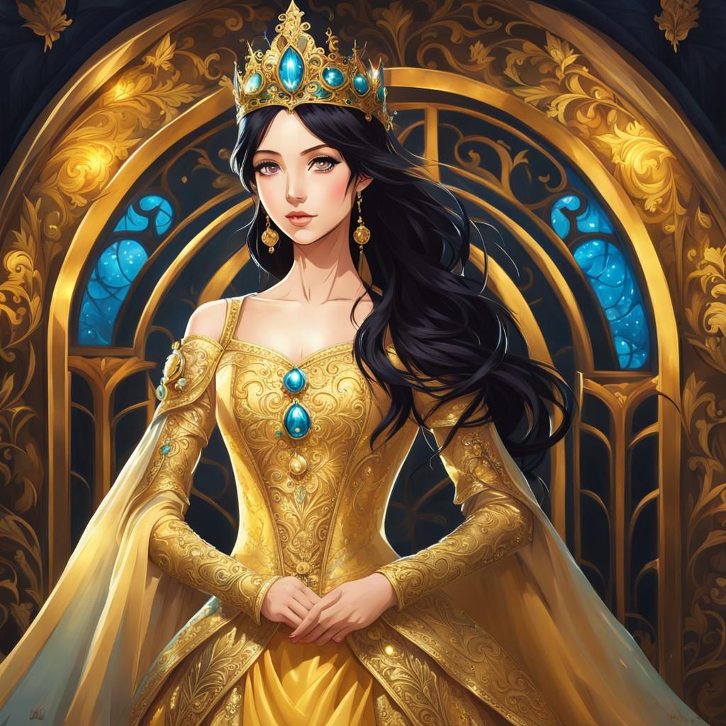Anime-Style Medieval Maiden in Golden Gown