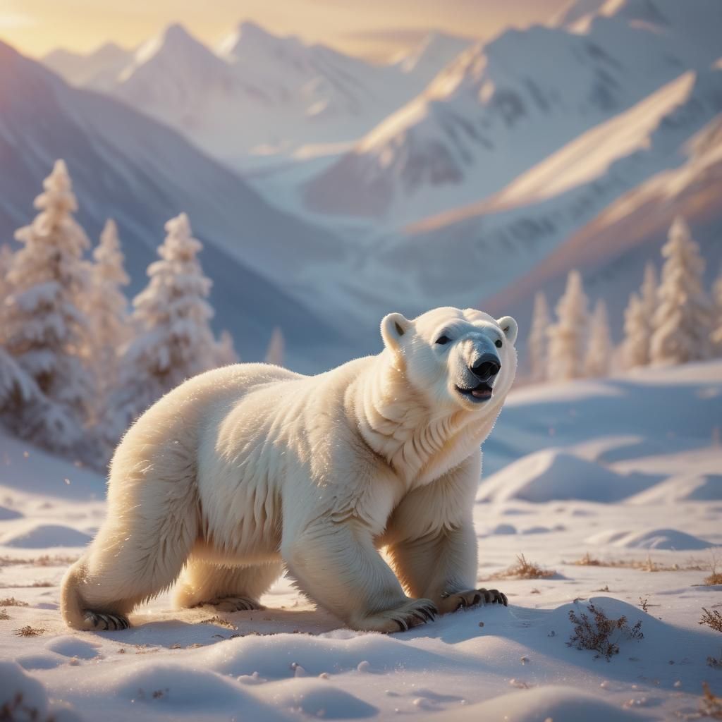 Polar Bear Cub Frolicking in Snowy Mountains