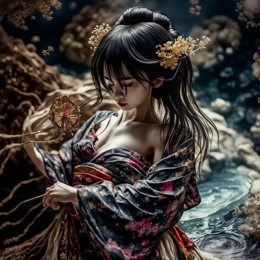 Geisha by Hot Spring in Alcohol Ink Style