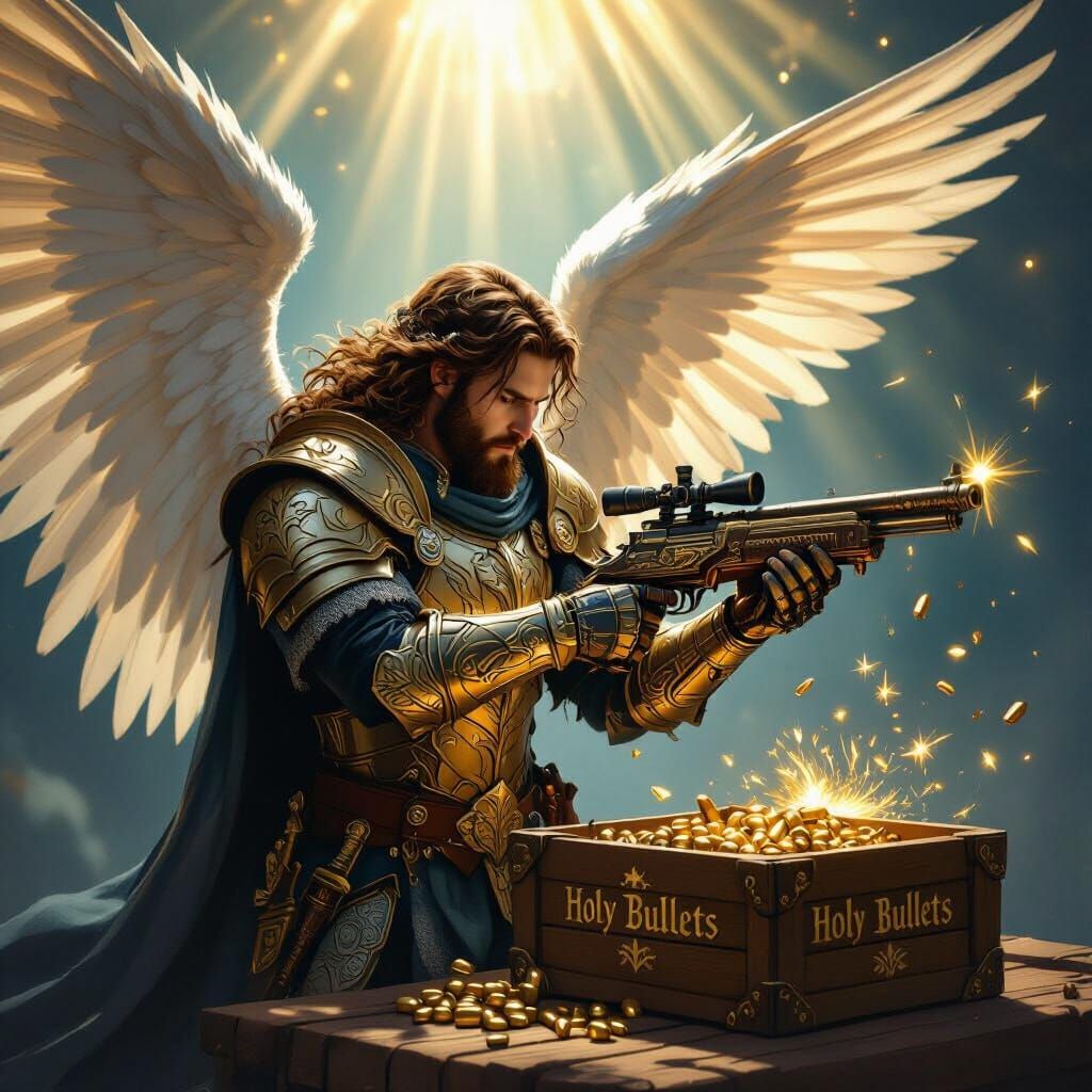Angelic Warrior with Feathered Wings and Holy Gun