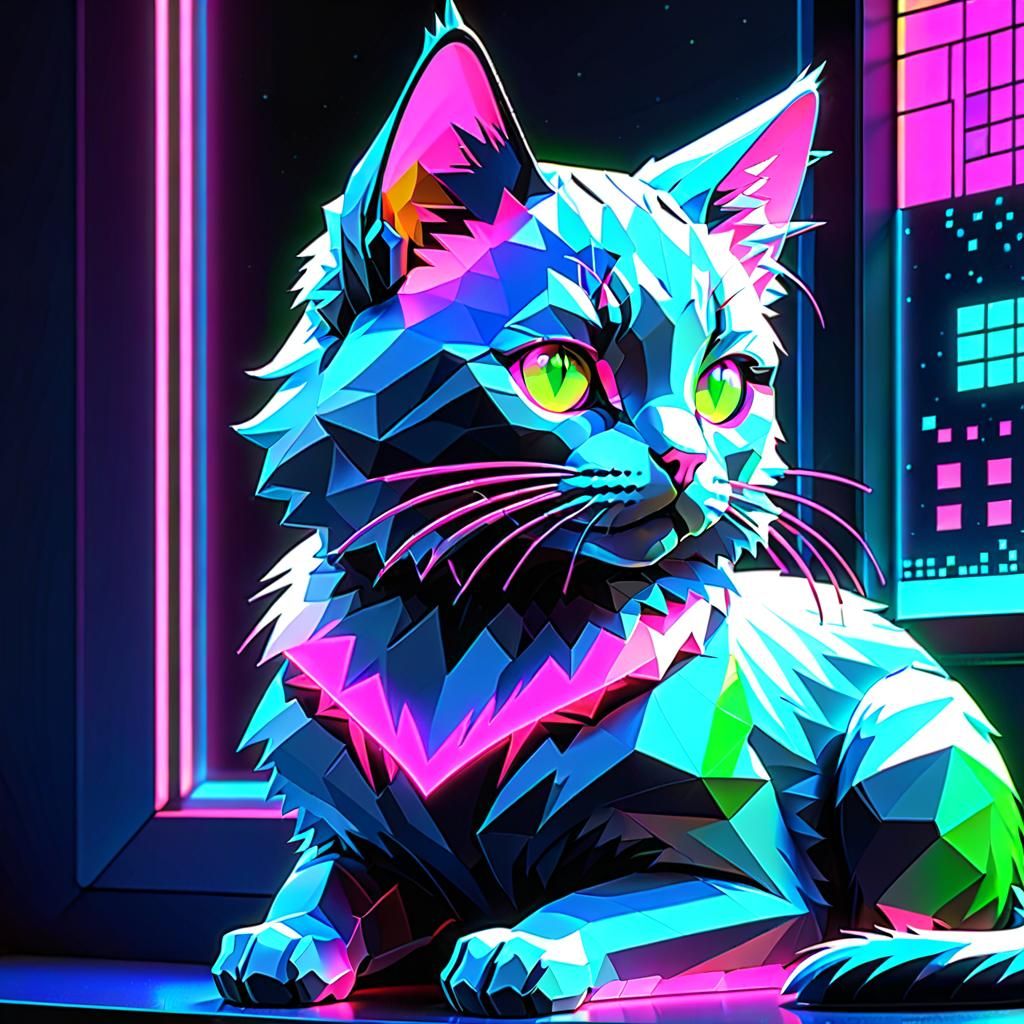 Pixelated Cat in Cyberpunk Neon Light