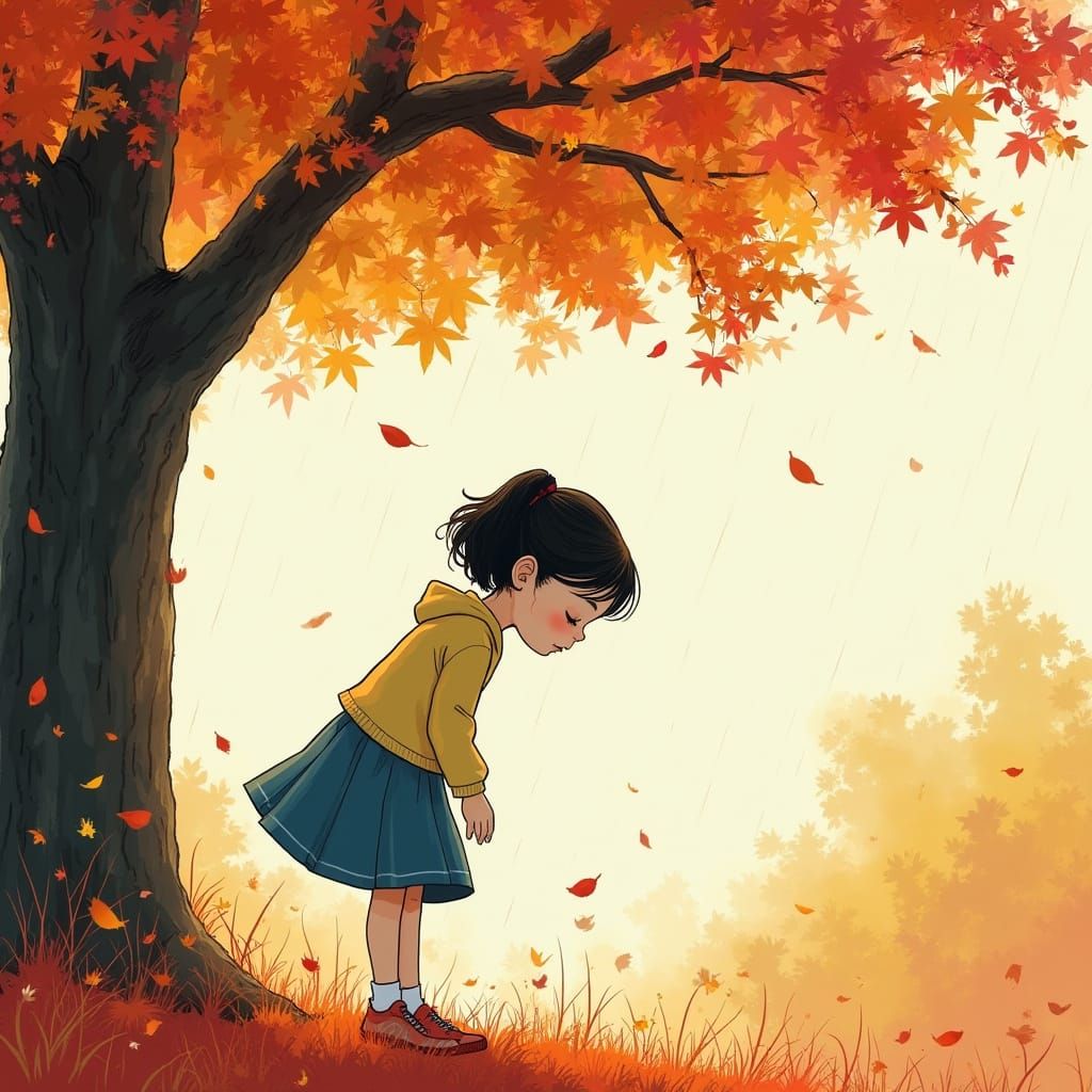 Girl Catches Autumn Raindrops in a Vibrant Manga Style