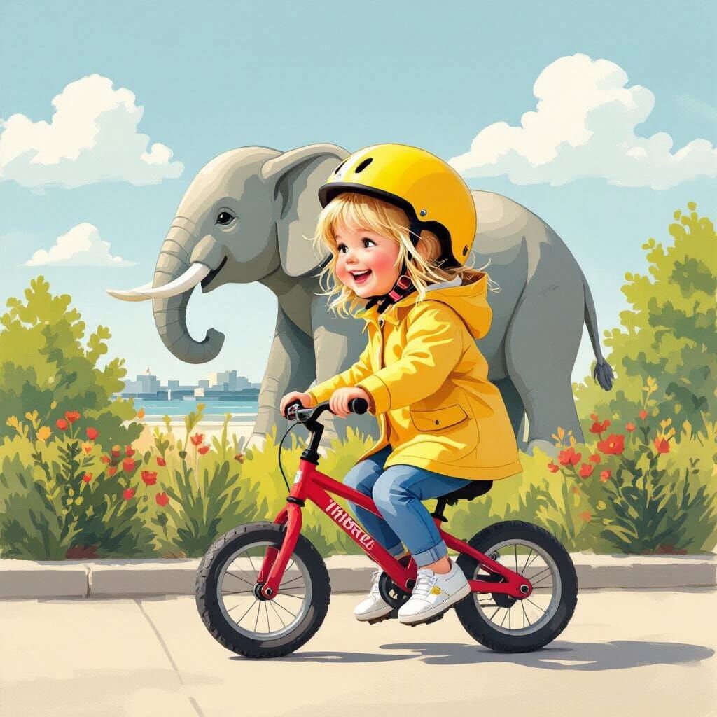 Joyful Girl Rides Balance Bike by Nantes Elephant