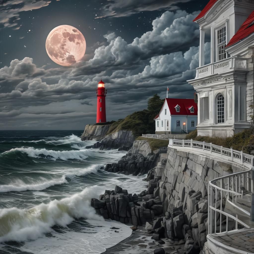 Moonlit Manor and Lighthouse Over Crashing Waves