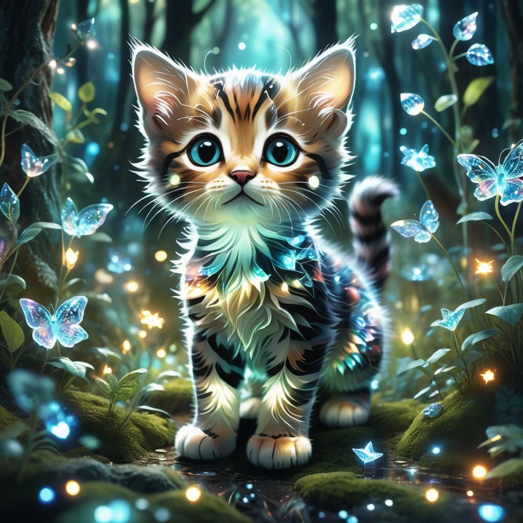 Luminous Kitten Roams an Enchanted Forest
