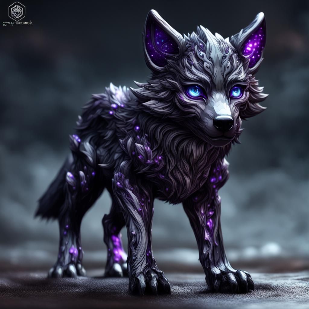 Obsidian Wolf Cub with Amethyst Eyes: Dark Fantasy Art