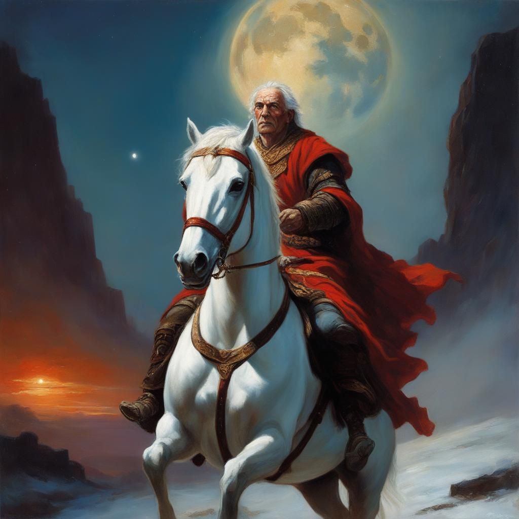 Druid on White Horse Under Blue Sky as Oil Painting