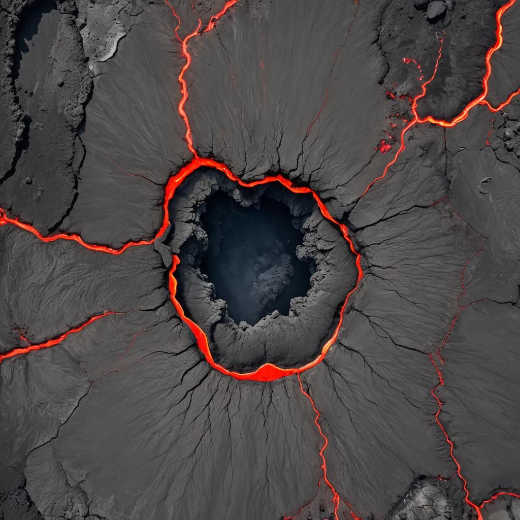 Monochrome Kilauea Volcano with Red Lava Flow