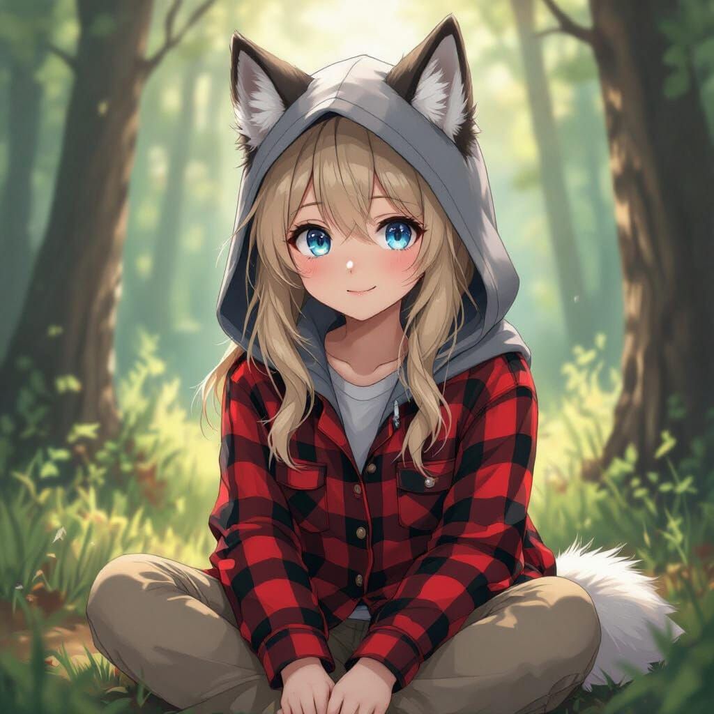 Wolf-Eared Girl in Forest: Shinkai-Inspired Art