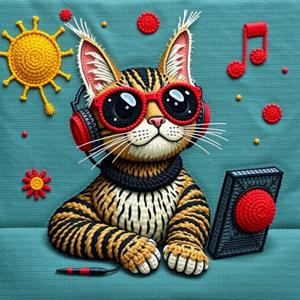 Whimsical Punk Cat Enjoys Rap Music in Vibrant Cubist Style