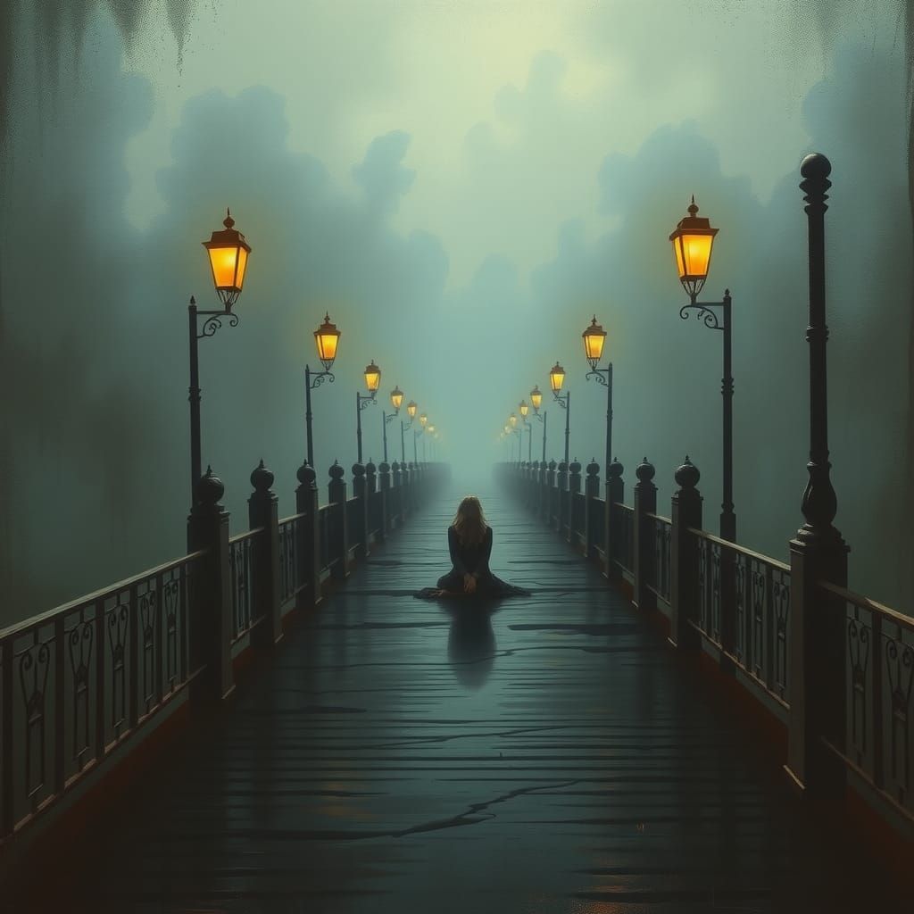 Melancholic Woman on Foggy Bridge in Expressionist Style