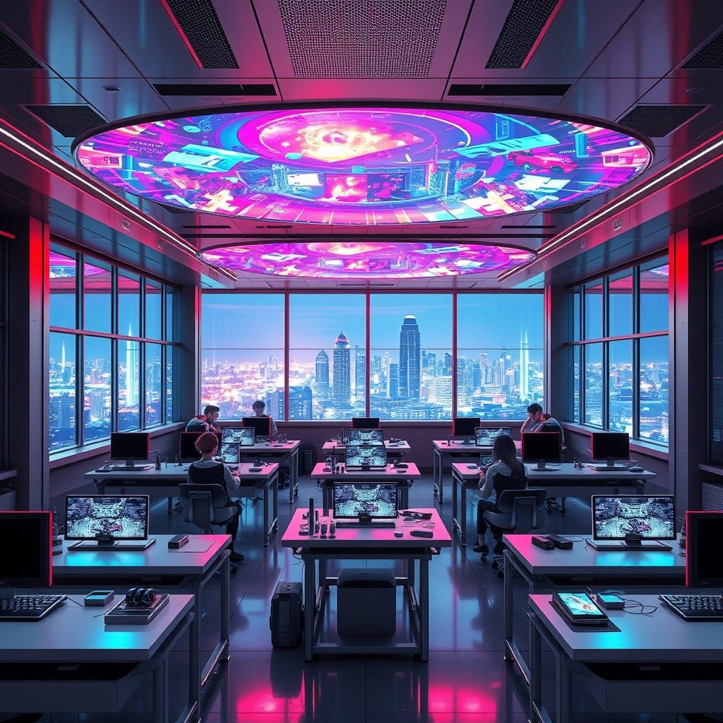 Sleek Futuristic Classroom with Neon Cityscape and Holograph...
