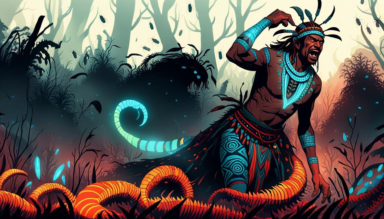 Tribal Man's Painful Encounter in a Bioluminescent Forest