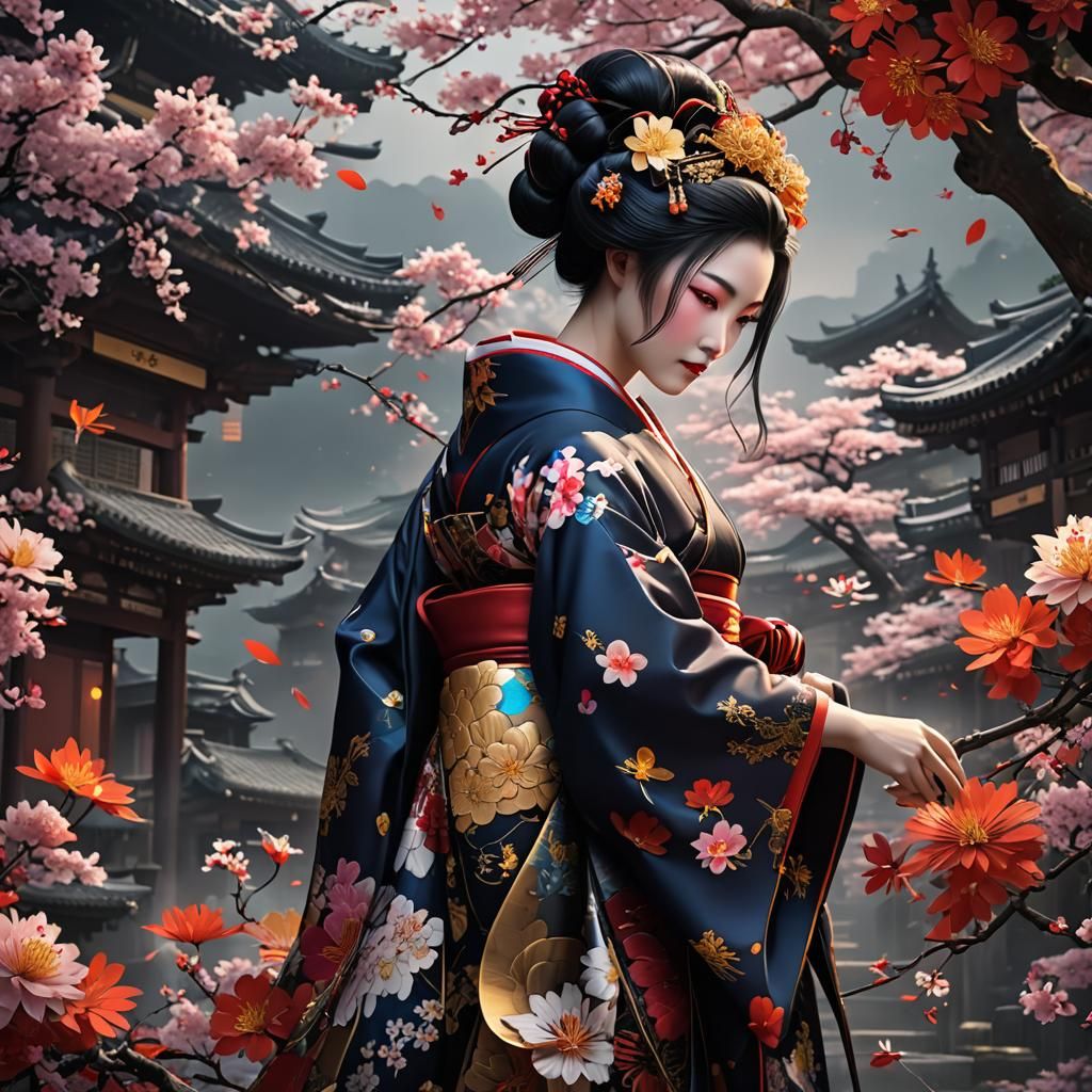 Geisha in Kimono with Flowers: Detailed Matte Painting