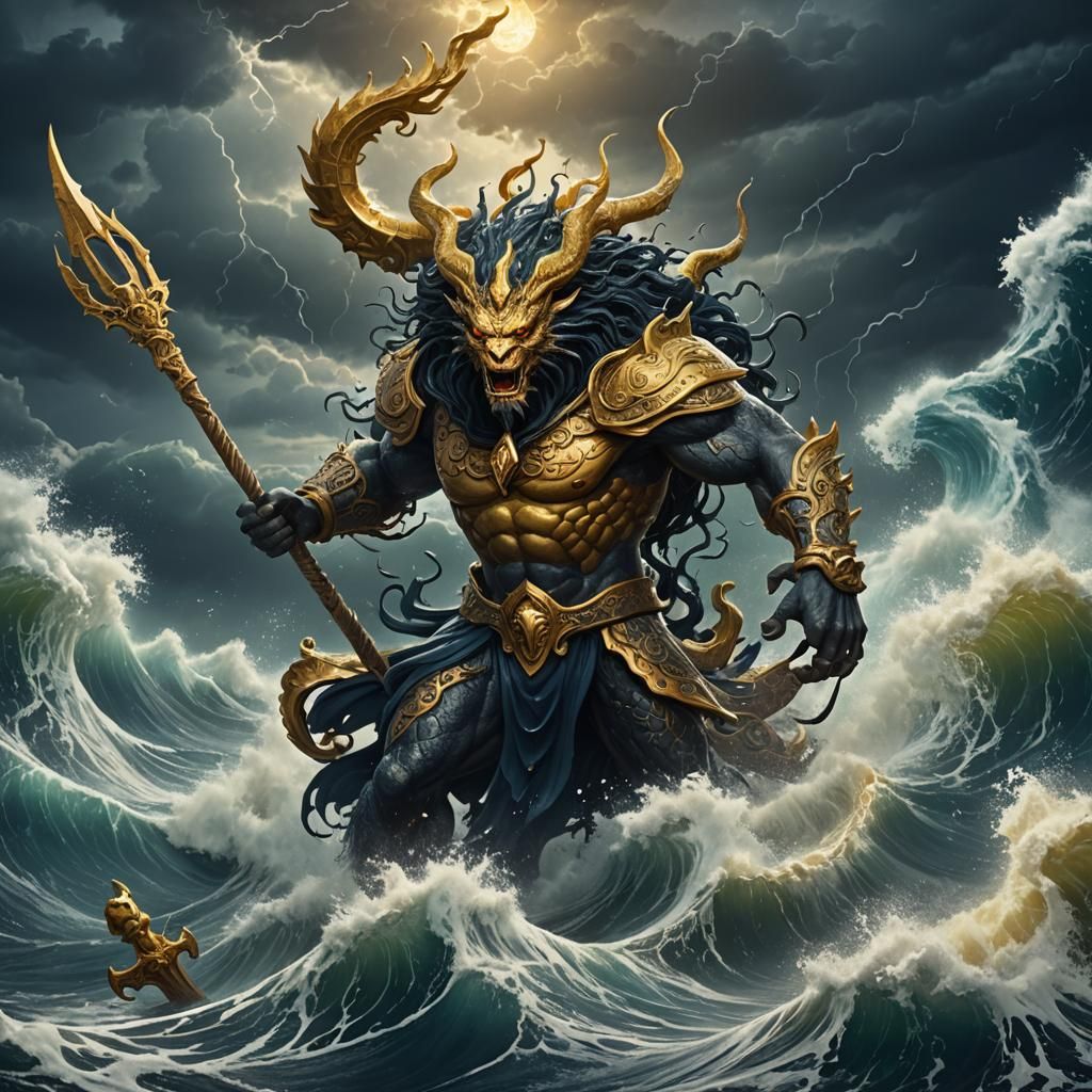 Poseidon's Fury: A Majestic Sea God in Storm