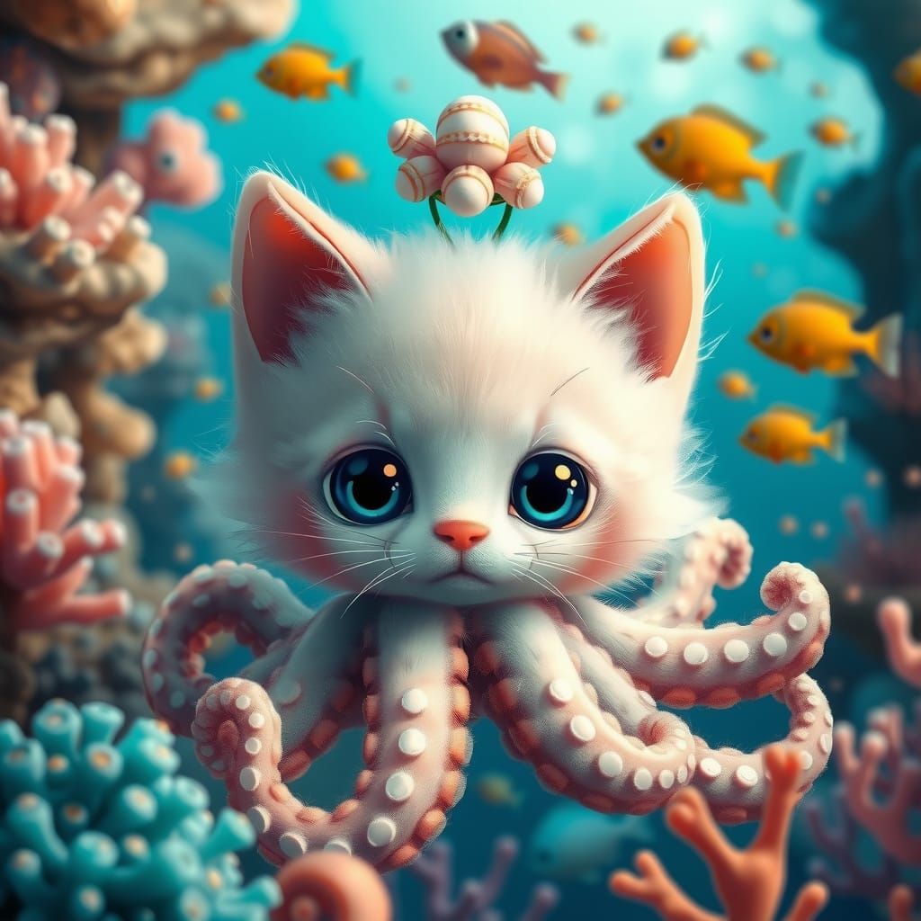 Adorable Octopus Kitten in Dreamlike Ocean Scene