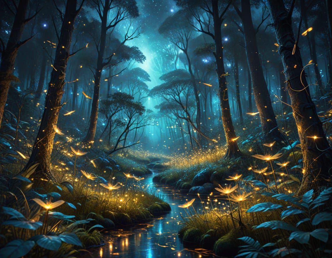 Surreal Cosmic Forest Illuminated by Golden Light