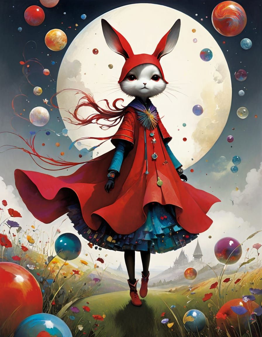 Red Rocket Ship Flies Through Space, Art Nouveau Style