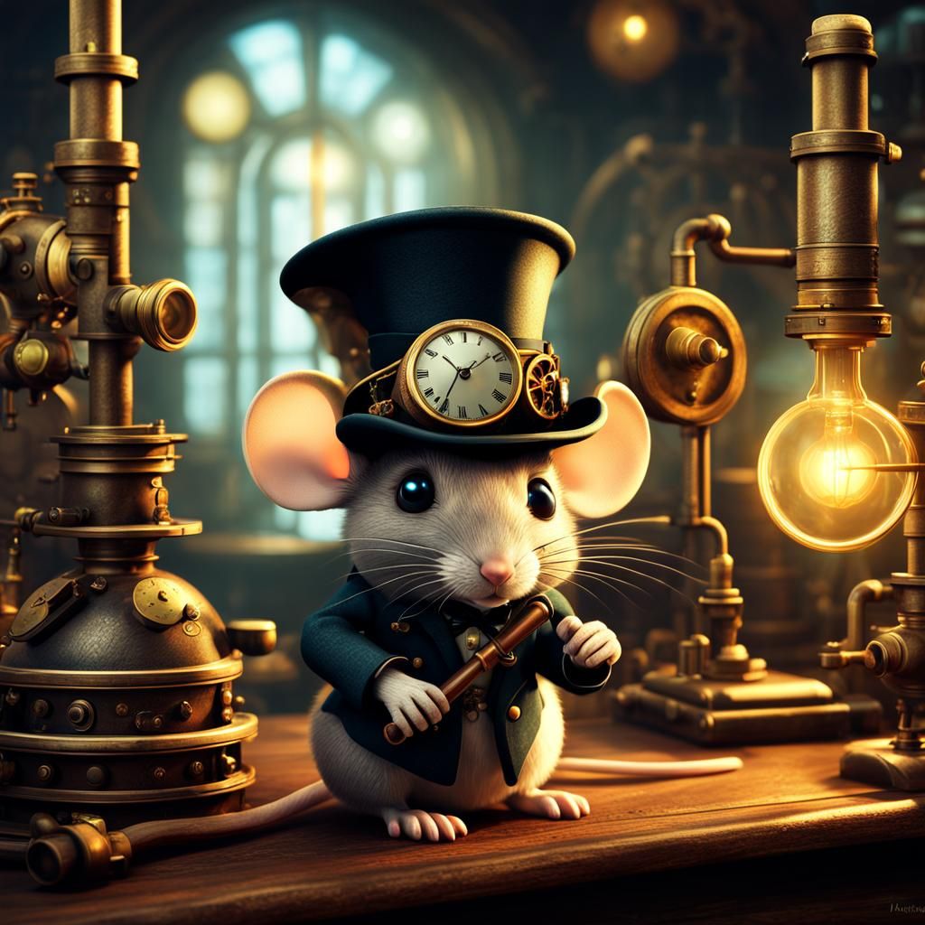 Steampunk Inventor Mouse in Laboratory: Fantasy Art