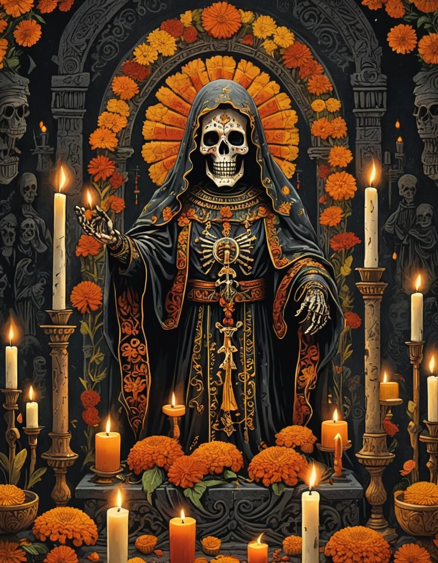 Santa Muerte Folk-Art Illustration in Mexican Catholic Style