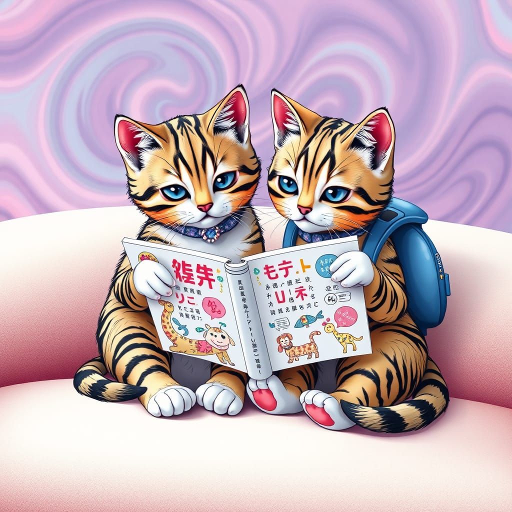 Kitties Studying Korean in Zentangle Fractal Art