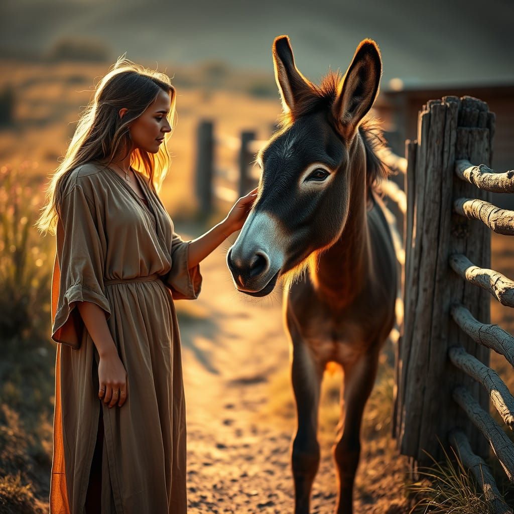 Woman in Tender Moment with Donkey in Rustic Landscape