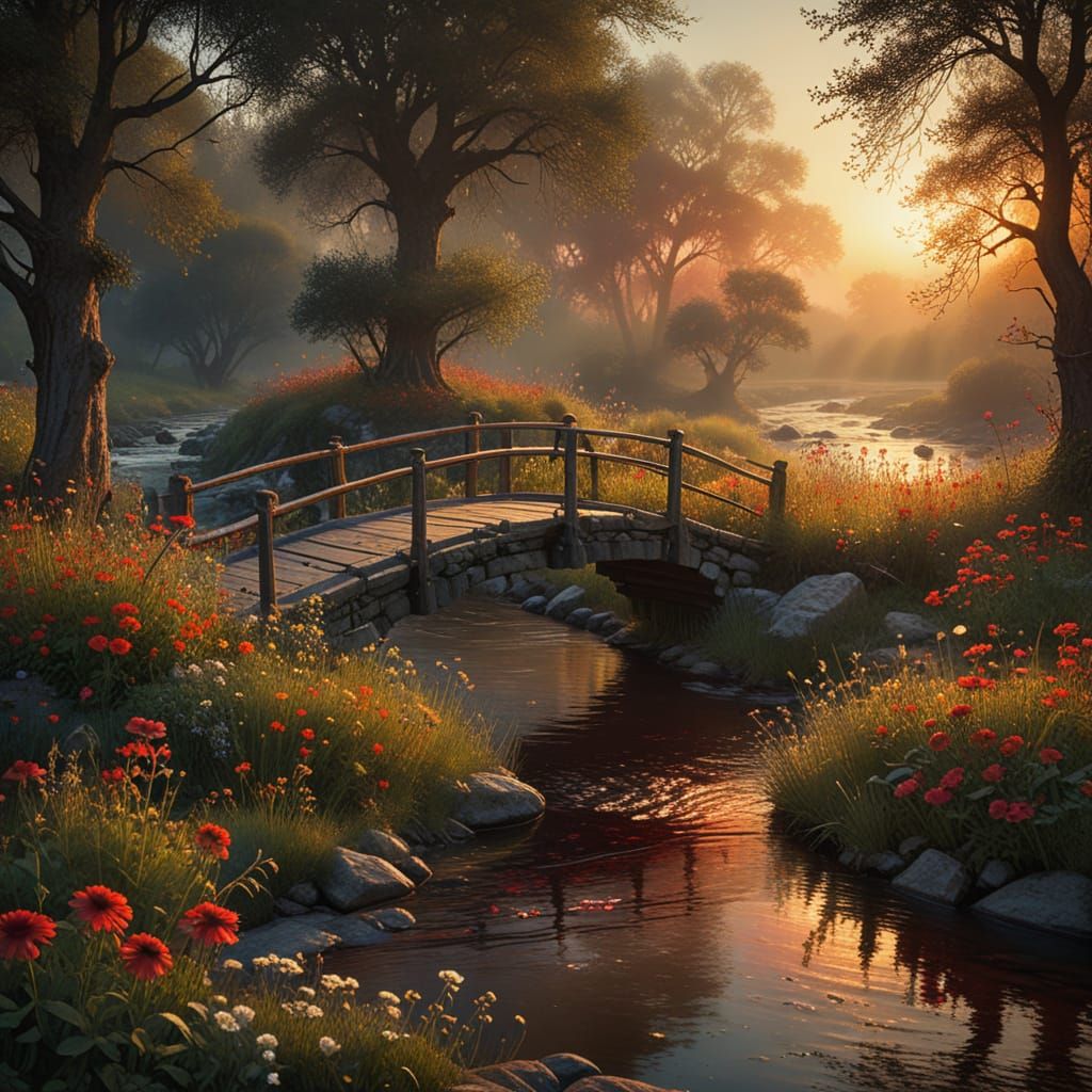 Fantasy Bridge at Sunrise: Watercolor Dreamscape