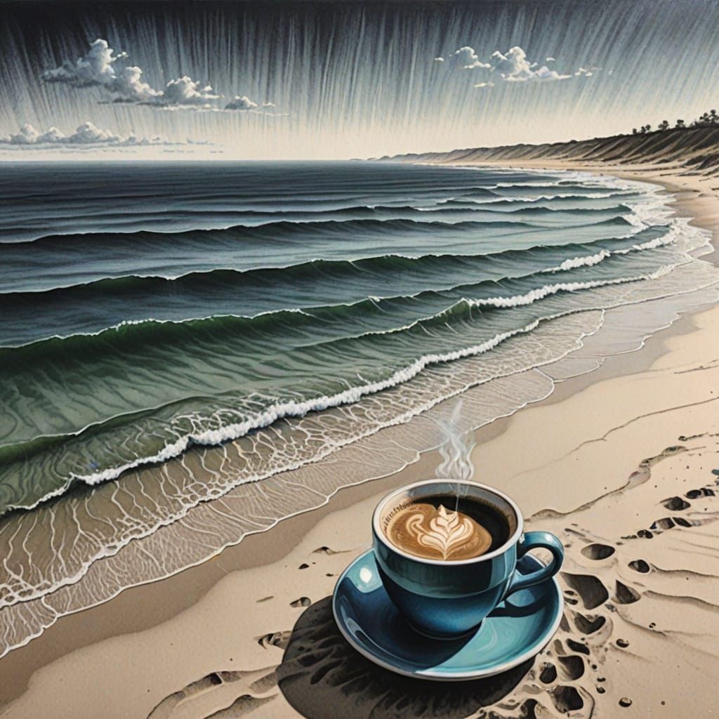 Ocean Scene with Coffee Cup in Charcoal Drawing