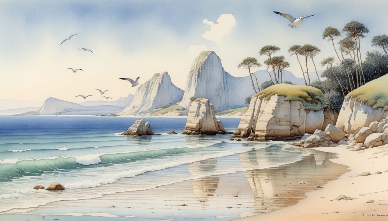 Seagulls Soar Over a Serene Chalk Hill Landscape