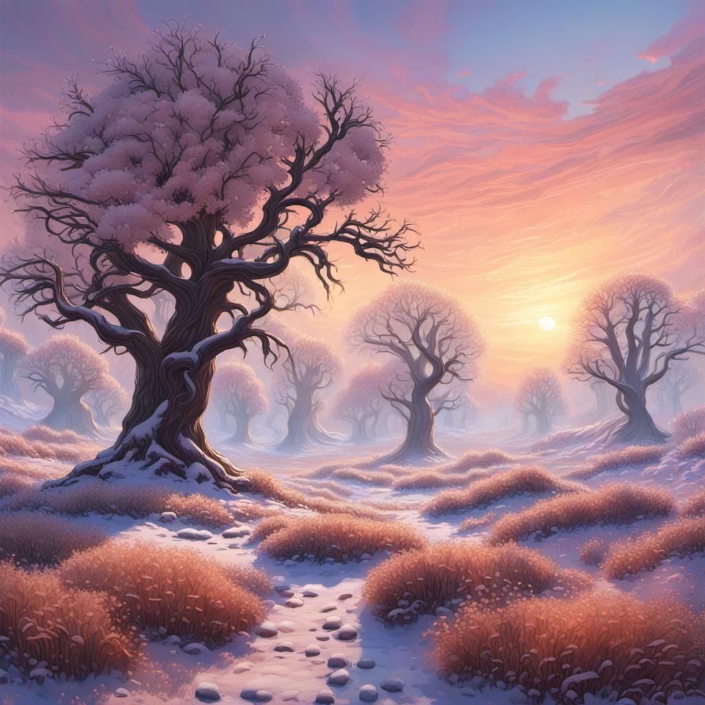 Magical Sunrise Over Snowy Winter Field