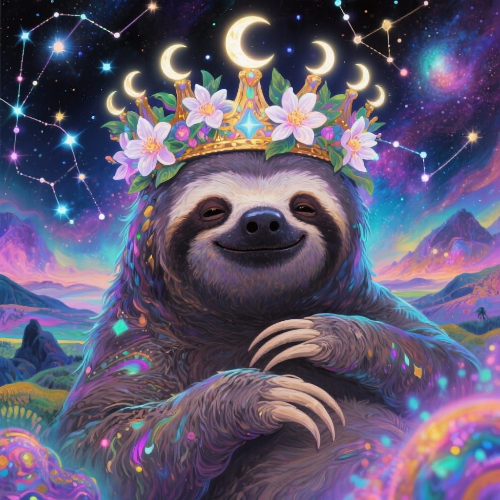 Cosmic Sloth with Moonflowers and Constellations