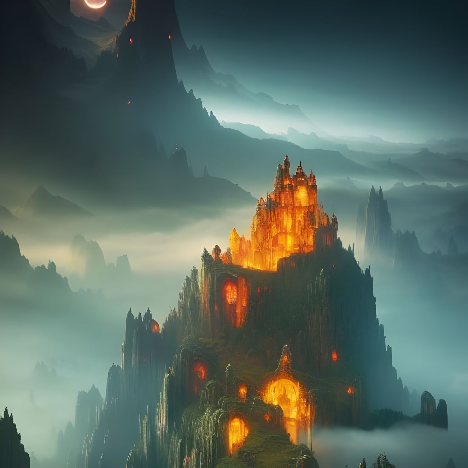 Magical Corn Castle over Lava Lake Fantasy Art