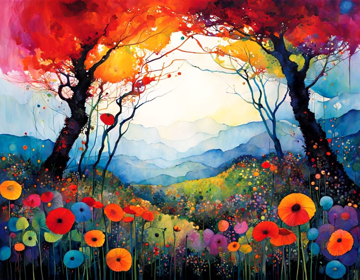 Surrealist Garden Scene in Vibrant Colors and Textures