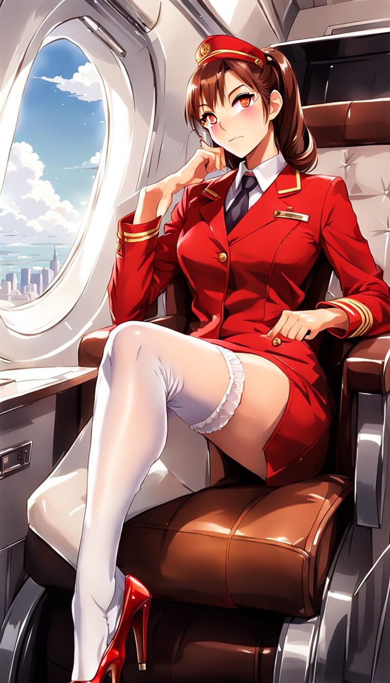 Anime Flight Attendant in Red Uniform