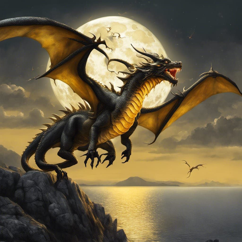 Dragon in Moonlight Flight over Lake