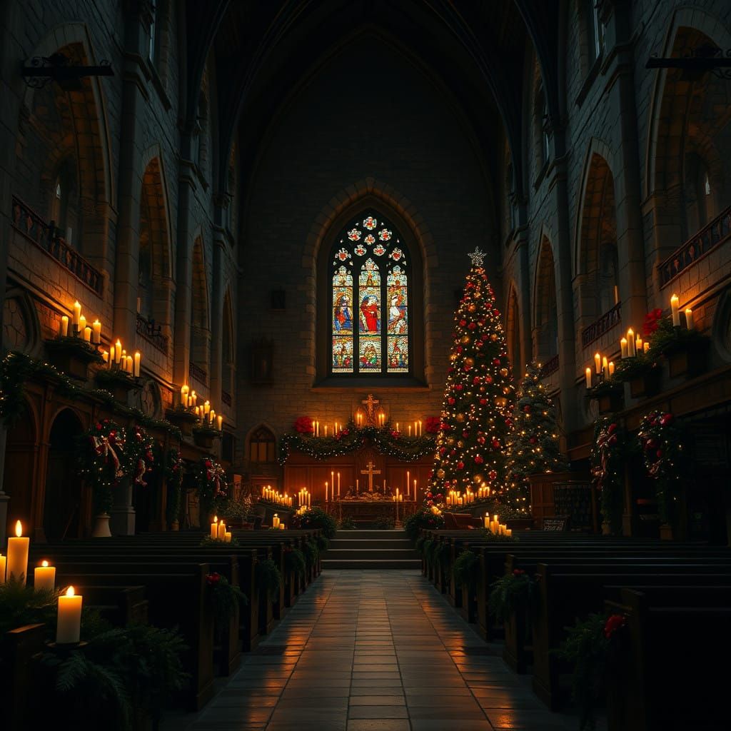 Gothic Christmas Church Sanctuary in Warm Candlelight